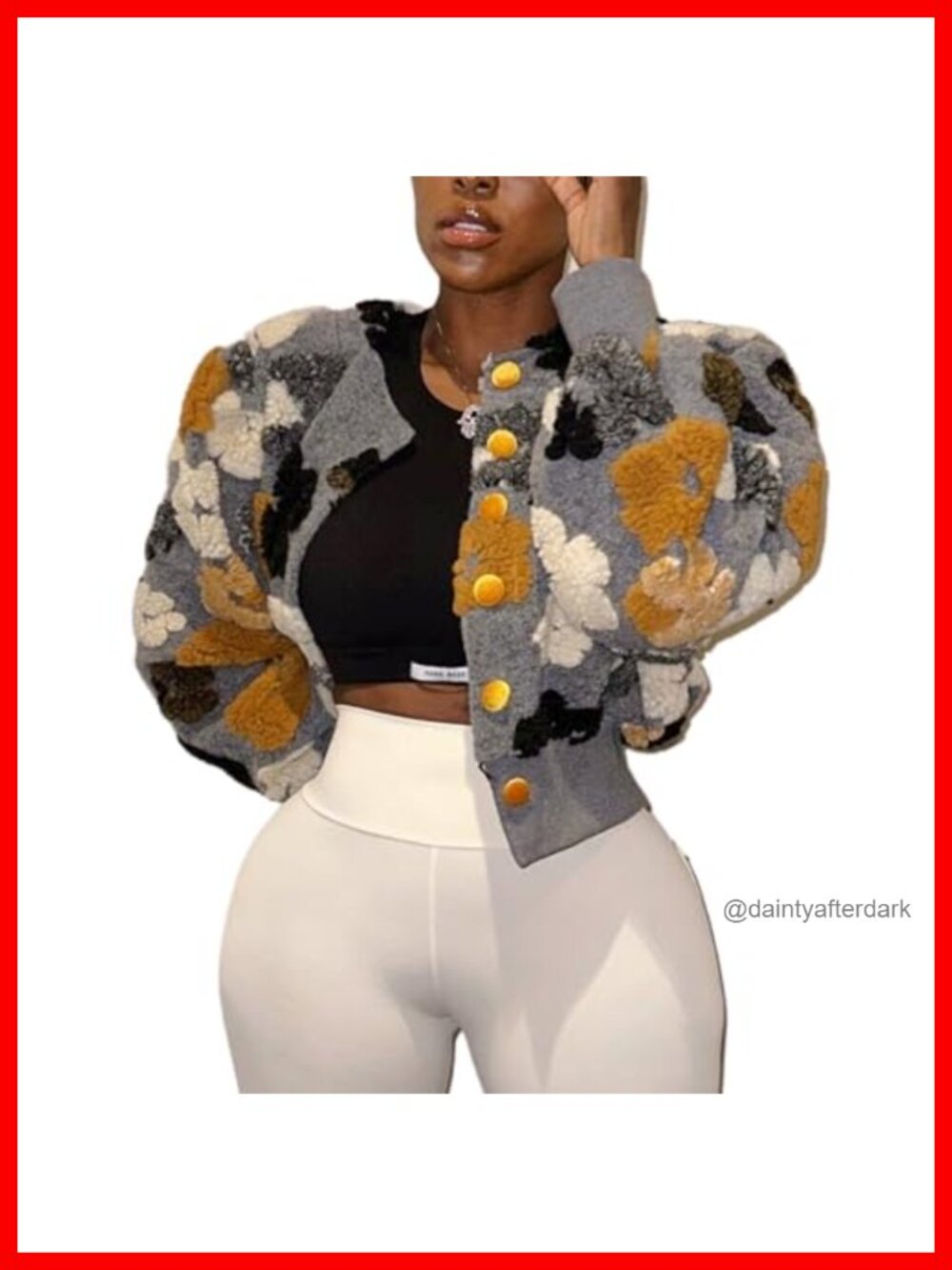 Womens Cropped Floral Fleece Bomber Jacket Puff Sleeve Button Down